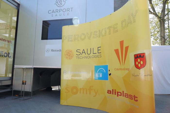 Banner of the Perovskite Day - logos of Saule, Columbus, Mercedes, Somfy, Aliplast and Miasto Piastów with New City