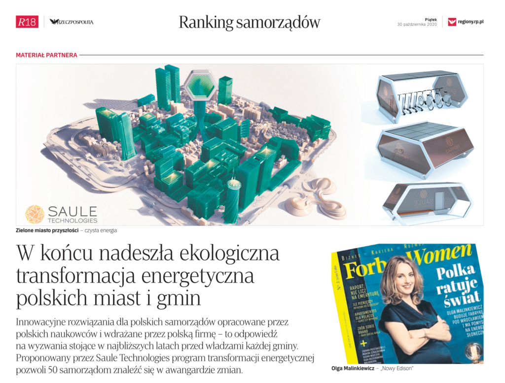 Fragment strony z gazety Rzeczpospolita z nagłówkiem "w końcu nadeszła ekologiczna transformacja energetyczna polskich miast i gmin"